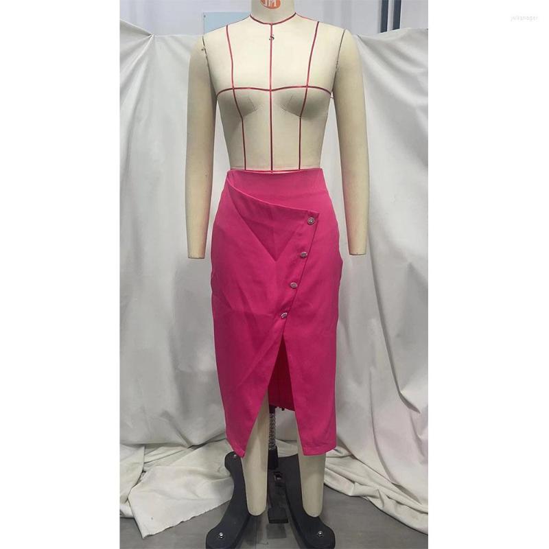 

Skirts 2022 Women's Spring Jewelry Button-embellished Midi Skirt Fashionable Temperament Solid Color High-waisted Front Slit, Blue