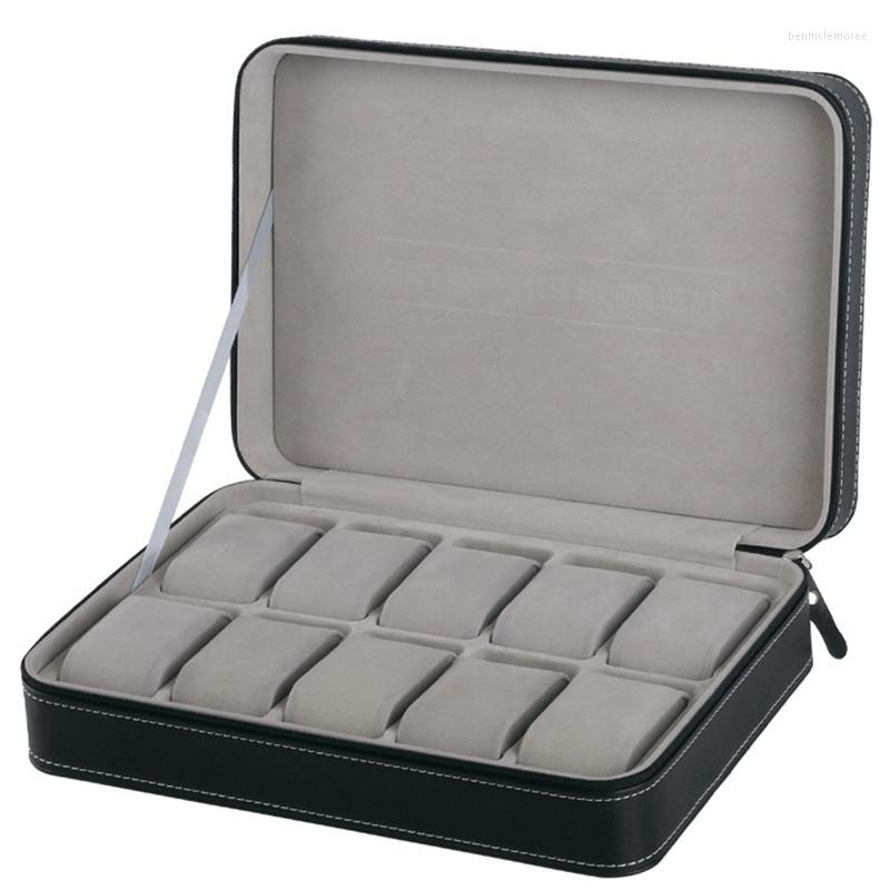 

Watch Boxes Fashion 10 Slots Black Box 28 20 7.5CM Portable Leather Zipper Watches Display Case Storage Organizer Holder
