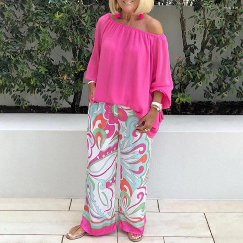 

Women' Two Piece Pants 2Pcs Women Outfits Solid Color Slash Neck Long Sleeves Top Blouse Printed Loose Mid Waist Wide Leg Set Female, Green
