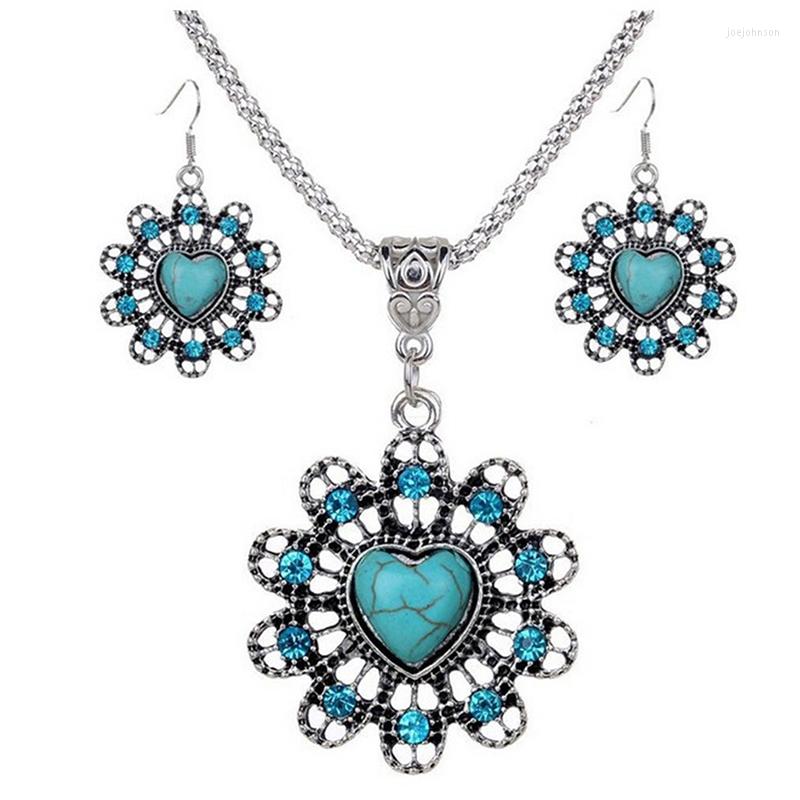 

Necklace Earrings Set Fashion Vintage Ethnic Style Openwork Flower Heart Stone Pendant Jewelry Women Water Drop Engagement HJUEY, Picture shown