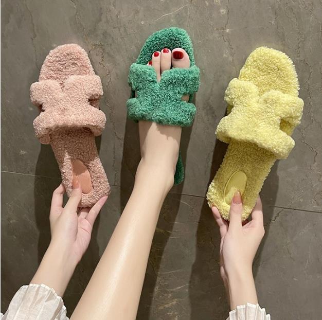 

Slippers Fur Slide Ladies Wool Slides Fashion Women Slipper Fluffy Furry Warm Winter Home, Black