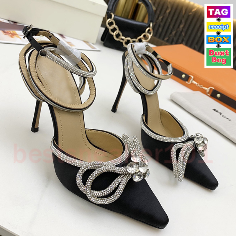 

Womens Dress Shoes Machs sandals luxury Mach high heel Wedding Party women shoe leather Stiletto Heels 10cm Silk Satin Double Bow Crystal with box fashion sandal, Black reflective