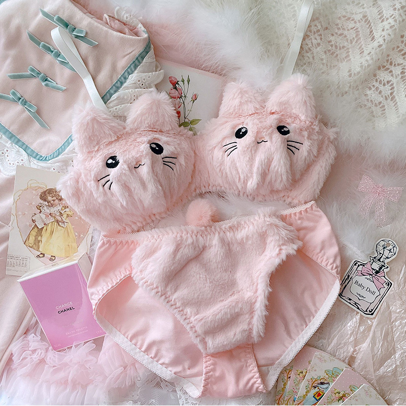 

Bras Sets Japanese Kawaii Soft Plush Student Lingerie Cute Girl Women Cartoon Embroidery Cat Bra Sexy Pink and White No Steel Ring Set 221006