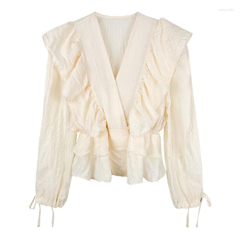 

Women's Blouses VSUE Women Shirt Black Apricot V-neck Ruffle Lantern Long Sleeve Button Spring Summer B0785, Ivory