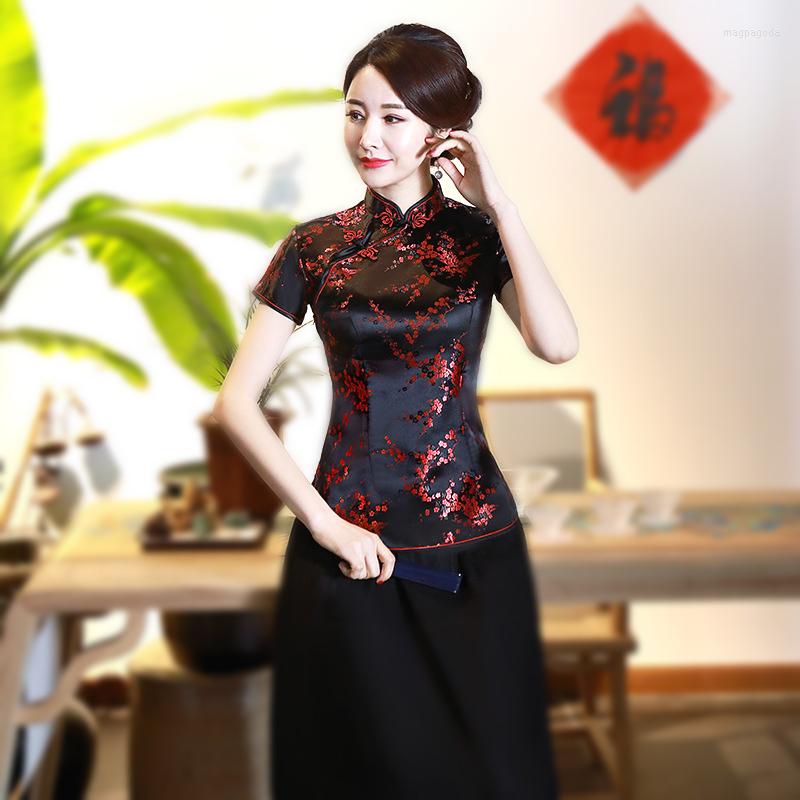 

Ethnic Clothing SHENG COCO 4XL 10 Color Chinese Tops Qipao Shirts Plum Printed Flower Pattern Cheongsam Satin Summer Ladies Black Red Pink
