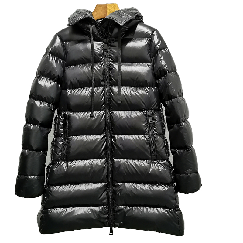 

Designer Womes Down and Parkas Medium Long Slim A-line Doll Bright Heavy Hooded Embroidery Badge Down Coat, Black