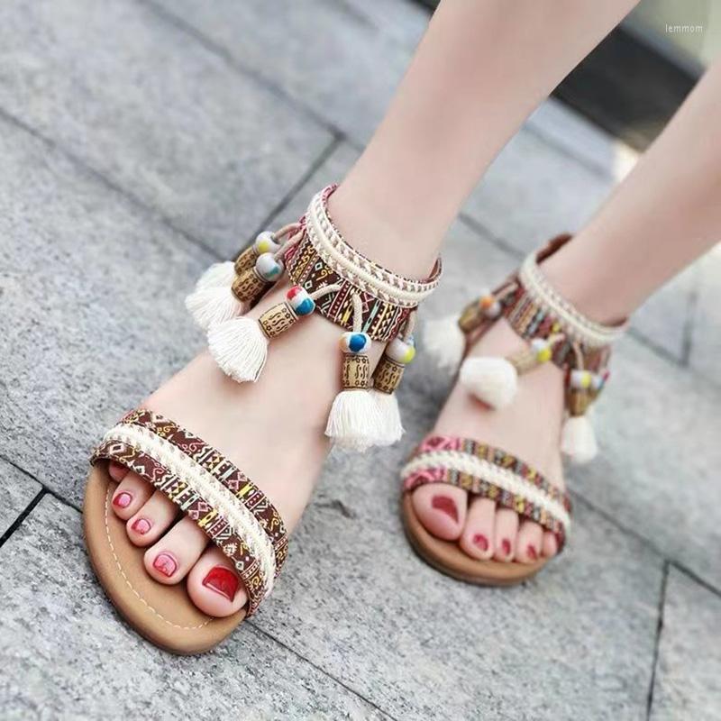 

Sandals Embroidered Tassel Women's 2022 Bohemian Ethnic Retro Roman Set-toe Travel Shoes Platform Ladies, Beige