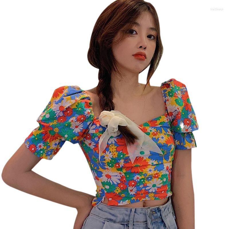 

Women's Blouses Sweet Print Short Style Bubble Sleeve Shirt Women's Summer Waist Slim Blouse Tops, Picture shown