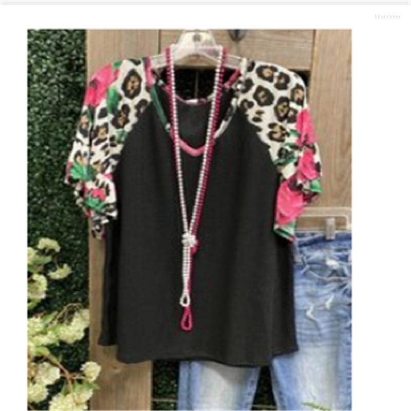 

Women' Blouses 2022 Summer V-neck Leopard Print Stitching Casual Half-sleeve T-shirt Multicolor Options For Women Butterfly Sleeve Top, 04