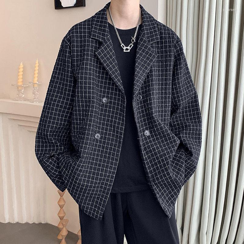 

Men's Suits Autumn Black Plaid Blazer Men Fashion Society Mens Dress Jacket Korean Loose Casual Suit Office Formal -2XL