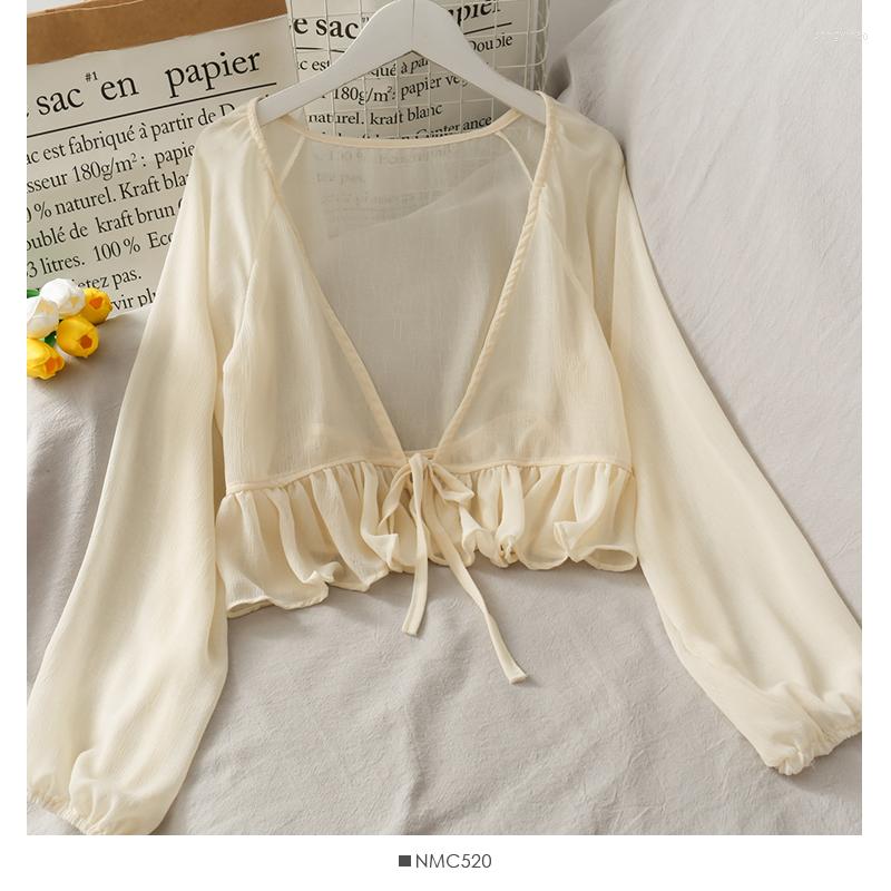 

Women's Blouses ITOOLIN 2022 Frill Hem Solid Textured Chiffon Top Women Draped Blouse Blouson Sleeve Front Tie Waist Beach Cover Up, White