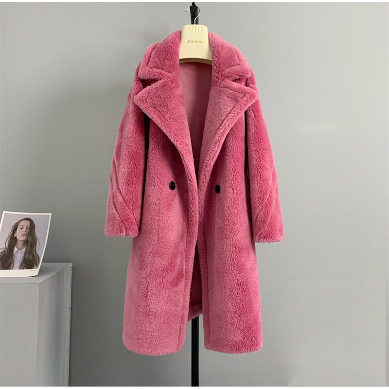 

Women's Fur Faux Teddy Coat Winter Alpaca Fleece Fiber Wool Plush Lamb Mid Length 100 Australian wool fur jacket 221006, Dark black