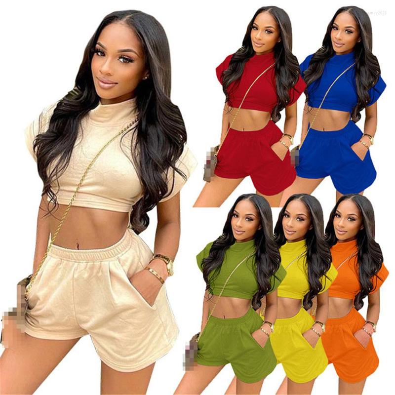 

Women' Tracksuits Fashion Two Piece Shorts Set Wide Sleeve Round Neck Solid Color Pocket T-Shirt Sexy Streetwear Matching Women Summer, Green