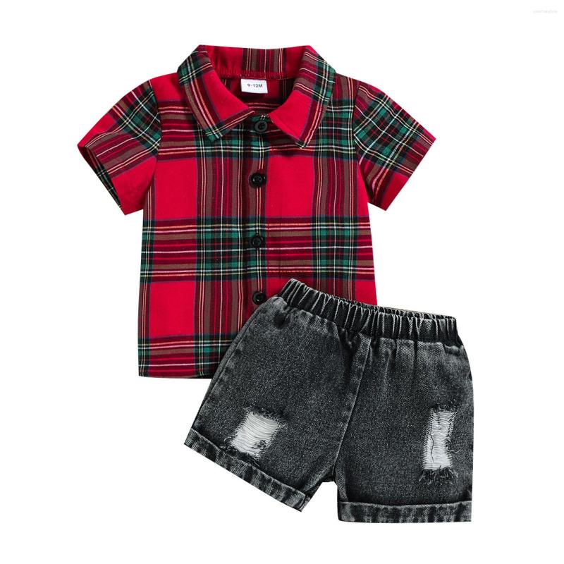 

Clothing Sets Infant Baby Girls Boys Shorts Set Plaid Print Short Sleeve Lapel Button Design Shirt Tops High Waist Denim 3M-3T, Picture shown