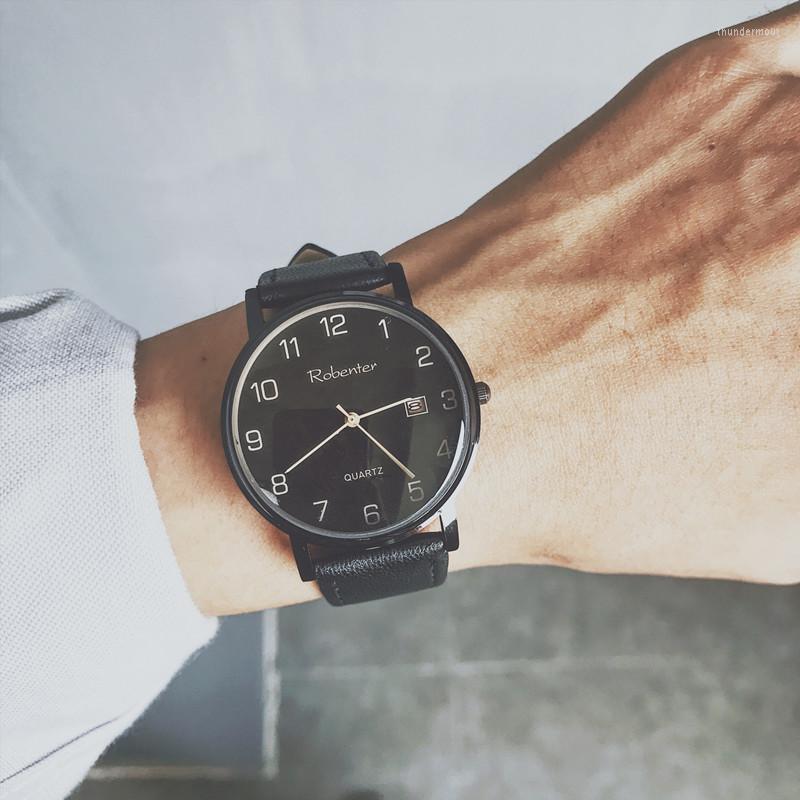 

Wristwatches Korean Version Of Ultra-thin Belt Calendar Watch Men And Women Fashion Trend Middle School Students Casual Atmosphere, Black belt
