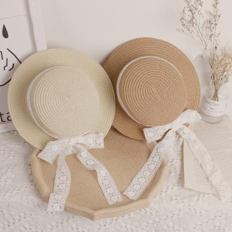 

Hats Summer Children Sun Hat Bow Lace Ribbon Straw Travel Kids Girls Wide Brim Panama Beach Cap, Khaki