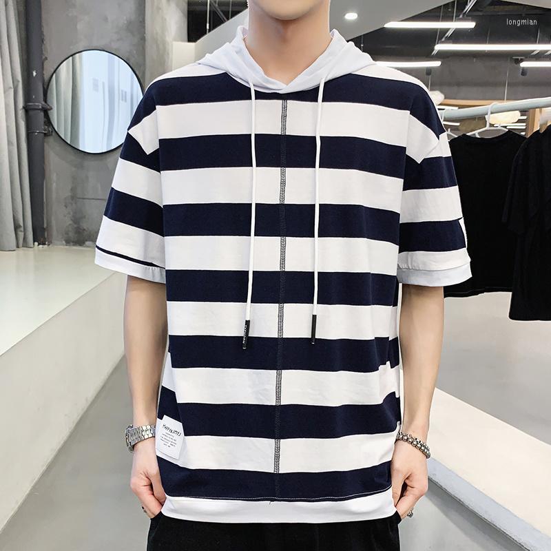 

Men's T Shirts Browon Nrand Arrival Hooded Striped Shirt Men Clothing 2022 Summer Short Sleeve Fashion Thin Loose, Big stripe gray.