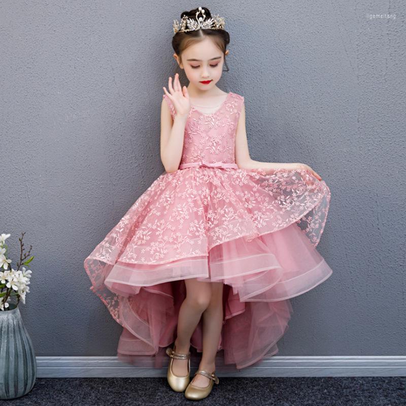 

Girl Dresses Wedding Party Flower Bridesmaid Embroidery Tail Dress Princess Birthday Host Walking Piano Performance, Pink