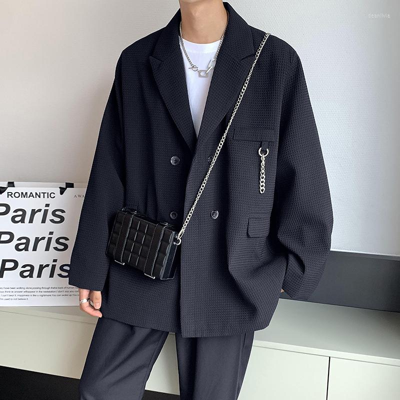 

Men's Suits Black/White Double Breasted Blazer Men Fashion Society Mens Dress Jacket Korean Loose Casual Chain Suit Formal