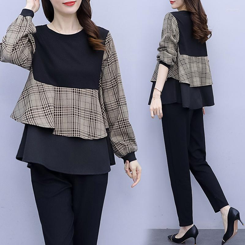 

Women's Tracksuits Spring Plus Size Suit Loose Plaid Top And Pants Two-piece Set Stitching Ensemble Femme Survetement Costumes For Women, Black