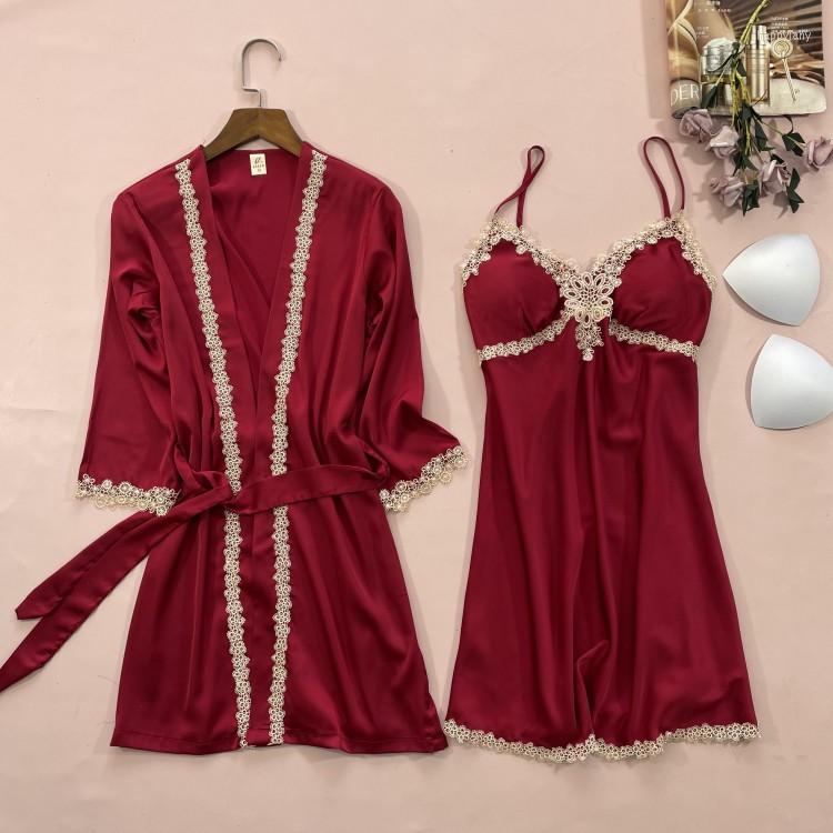 

Women's Sleepwear White Lace Floral Rayon Robe Sets Summer Strap Top Nightgown  L XL XXL Sexy Lounge Home Dress Bathrobe Sleepshirts, Pink 1