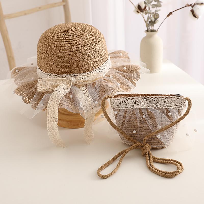 

Hats Parent-Child Straw Hat Shoulder Bag Set Kids Summer Girl Cute Sweet Lace Bow Beach Travel Anti-UV Breathable Sun Cap, Milk white hat