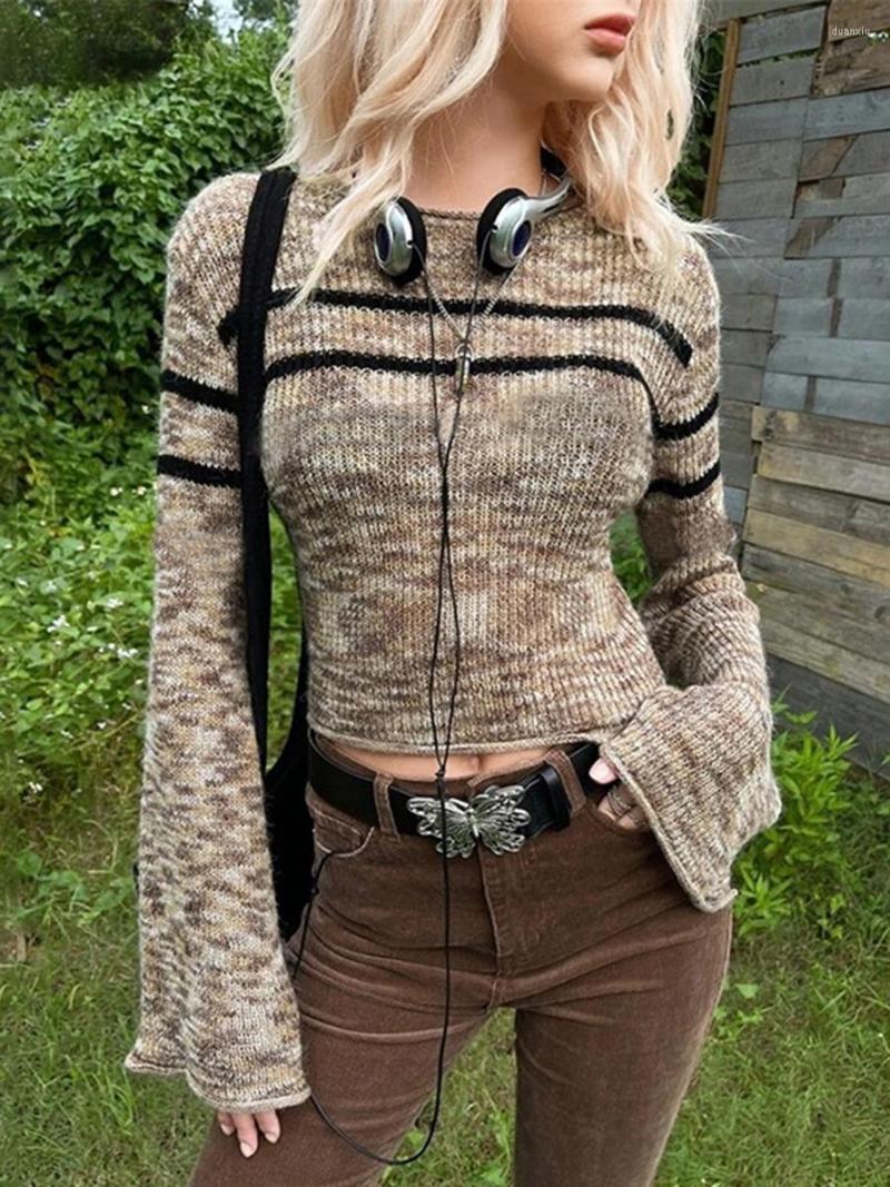 

Women' T Shirts Vintage Striped Knitted Slim T-shirts Women 2022 Autumn Y2k Streetwear O Neck Long Sleeve Shirt Harajuku Rock Punk Casual, Khaki