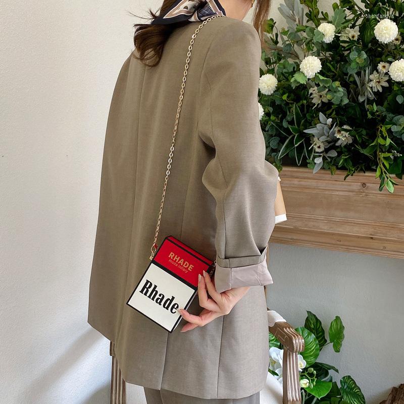 

Evening Bags Creative Chains Box Women Shoulder Designer Cigarette Case Shape Crossbody Bag Lady Funny Small Purse Chic Female, Beige