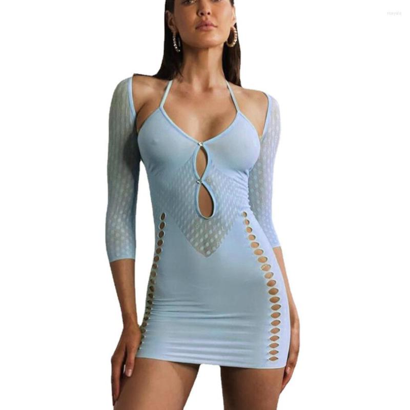 

Casual Dresses 2022 Summer Nightclub Party Dress Sexy Halter Bandage Hollow Out Long Sleeve Mini Women Low Cut Fashion Bodycon, Sky-blue