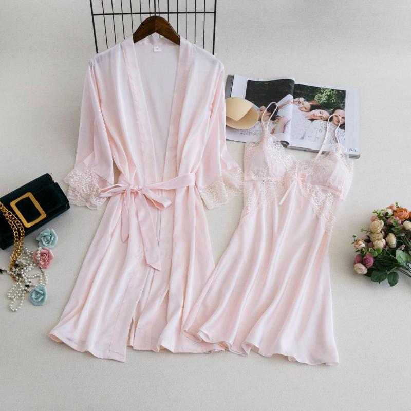 

Women's Sleepwear Casual Sexy Lace 2pcs Belt Woman Kimono Bathrobe Gown Bride Bridesmaid Wedding Robe Night Dress Intimate Lingerie