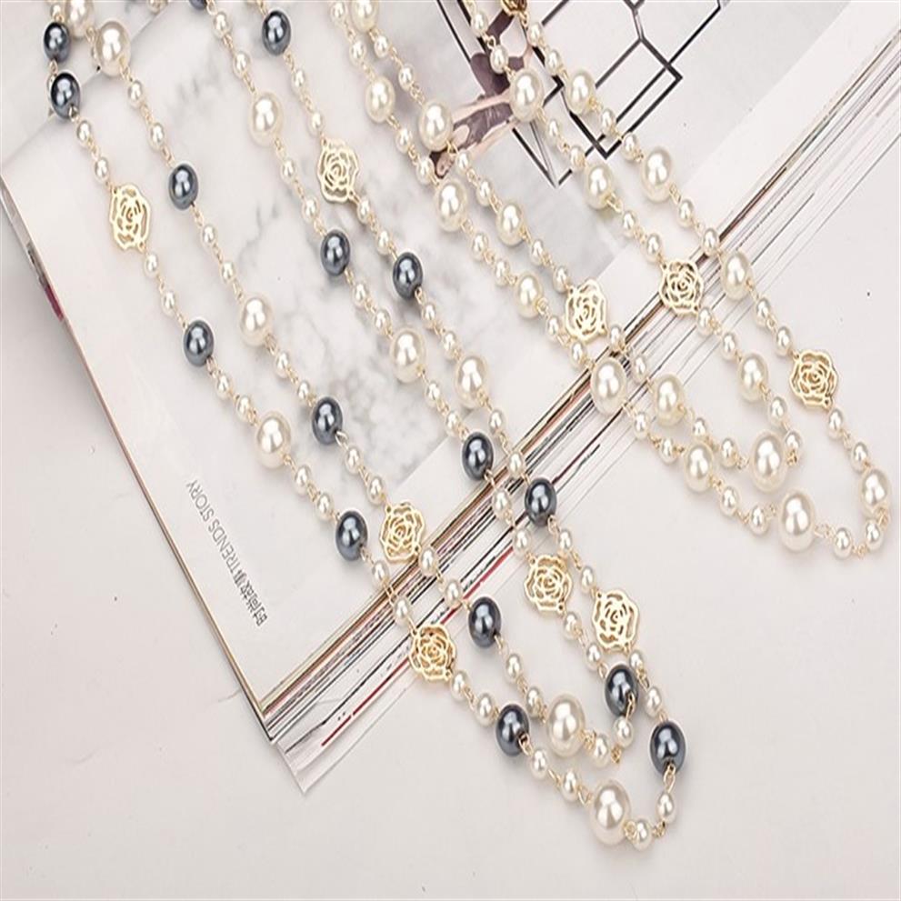 

Whole-designer luxury classic style hollow roses elegant multi colors bright pearls long sweater statement necklace for woman279r