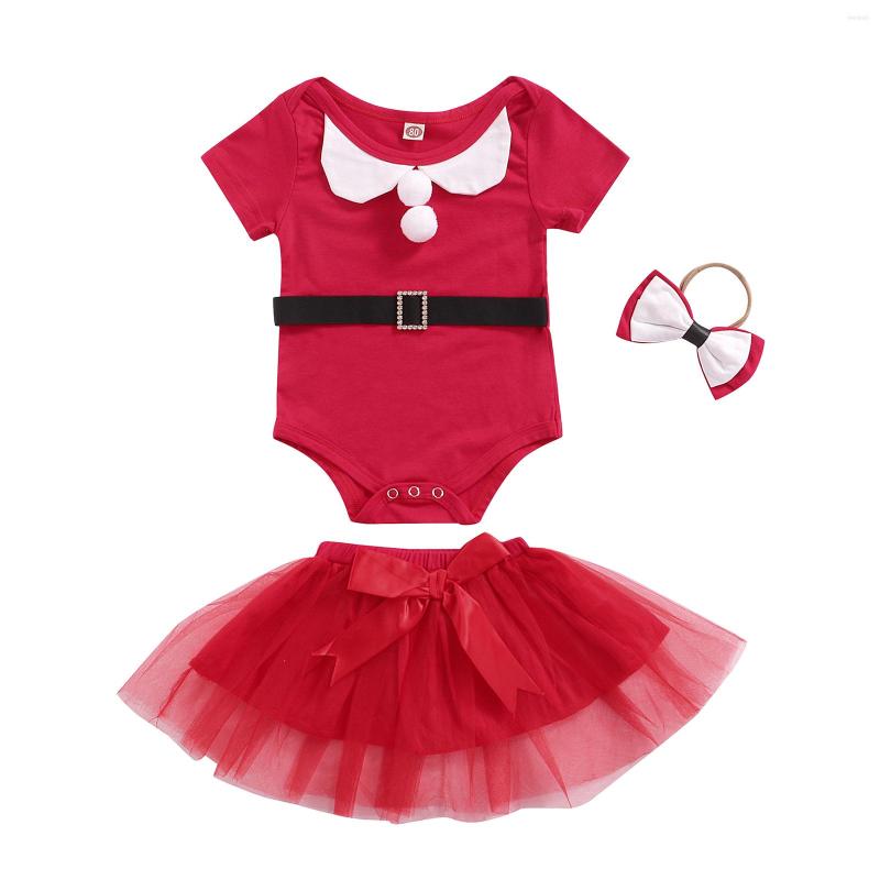 

Clothing Sets Infant Baby Girl Romper Tops Skirt Headband Suit Short Sleeve Round Neck Playsuit Layered Mesh Dress For Christmas, Picture shown