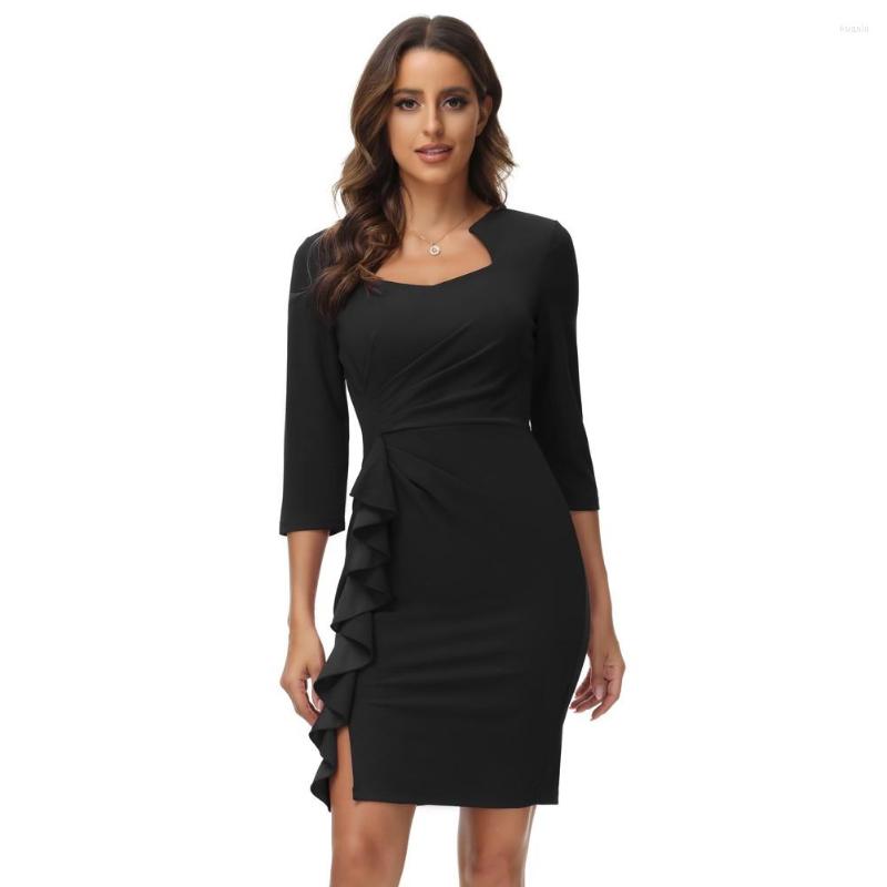 

Casual Dresses 2022 Fall Winter Women Vintage Ruffle Decorated Dress Slim Fit 3/4 Sleeve V-Neck Pencil Cocktail Party Knee Length A30, Navy blue