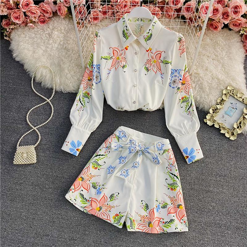 

Women's Tracksuits 2 Piece Set Women Single-breasted Shirt High Waist Shorts Sets Summer Women's Trouser Suits Bohemian Two, Multi