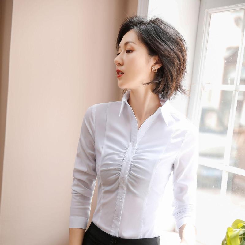 

Women's Blouses Urban Casual Autumn Solid Color Ladies V-Neck Shirt Professional High Quality Long Sleeve For Women Lady Office Tops, White