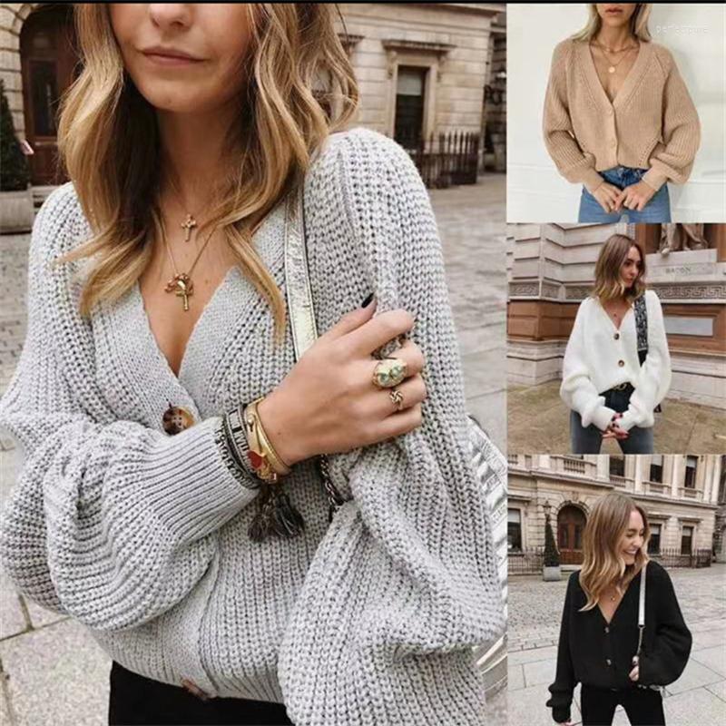 

Women' Knits Fashion Knitted Sweater Cardigan For Women Button Up V Neck Lantern Sleeve Loose Knitwear Jackets Casual Coat Tops Spring 2022, White