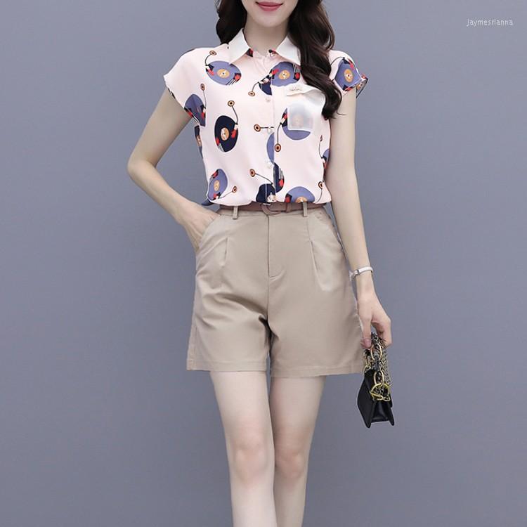 

Women' Tracksuits 2022 Women Summer Elegant Suits Casual Lapel Cartoon Print Chiffon Shirt Tops And High Waist Short With Belt Two Piece, Photo color