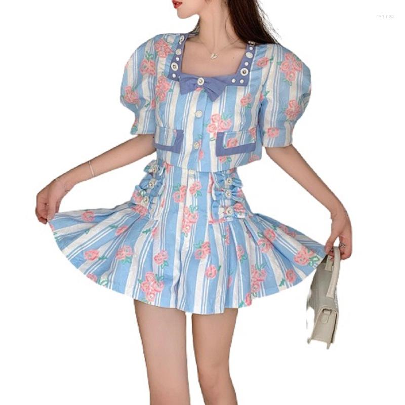 

Women' Tracksuits PERHAPS U Grils Two Piece Set Stripe Flower Print Beaded Bow Puff Sleeve Shirt High Waist Pleated Flare Pants Shorts, Sky blue