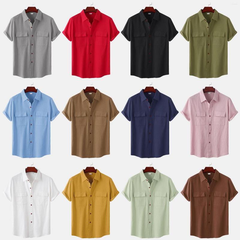 

Men's Casual Shirts Summer Men's Linen Short-sleeved Shirt Square Collar Cotton And Solid Color Half-sleeve Top, 05