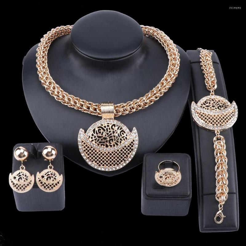 

Necklace Earrings Set Moon-shape For African Women Wedding Vintage Dubai Gold Jewellery Ring Fashion Earring Gift, Picture shown