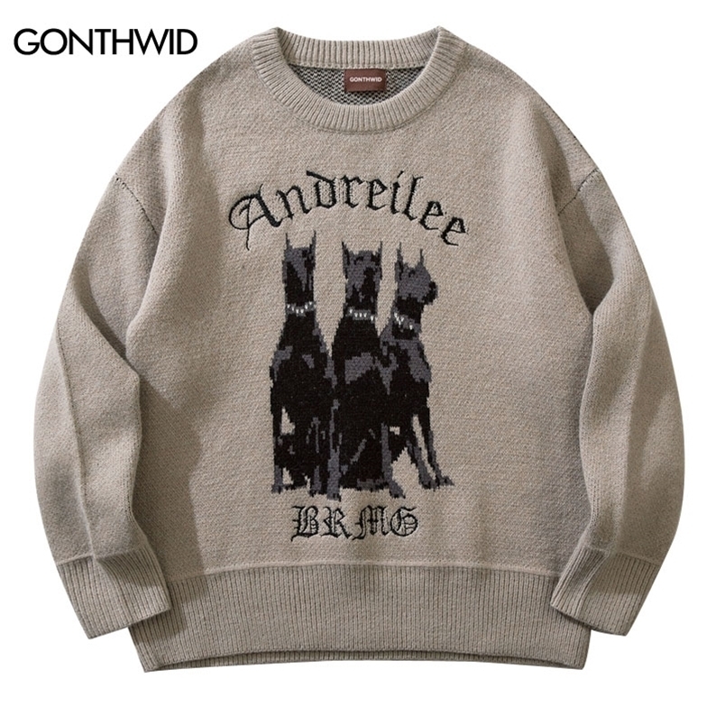 

Men's Sweaters Men Vintage Sweater Y2K Streetwear Hip Hop Vintage Knitted Doberman Dog Sweaters Autumn Harajuku Fashion Retro Casual Sweaters 221007, Grey khaki