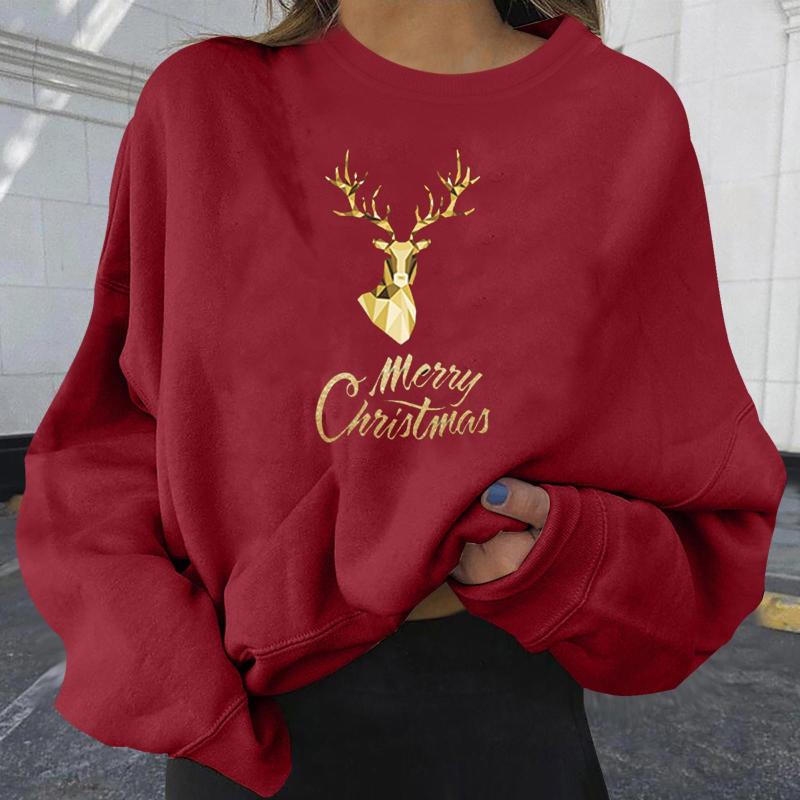 

Women' Sweaters Christmas Elk Letter Print Pullover O-Neck Long Sleeve Sweatshirts Party Casual Korean Style Winter Hoodie Loose Female, Bg