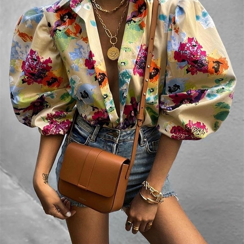 Chemisiers pour femmes Chemises Élégant Imprimé Manches Bouffantes Blouse Top Automne Femmes Cols Rabattus Demi Tie Dye Chemise Outwears 221007
