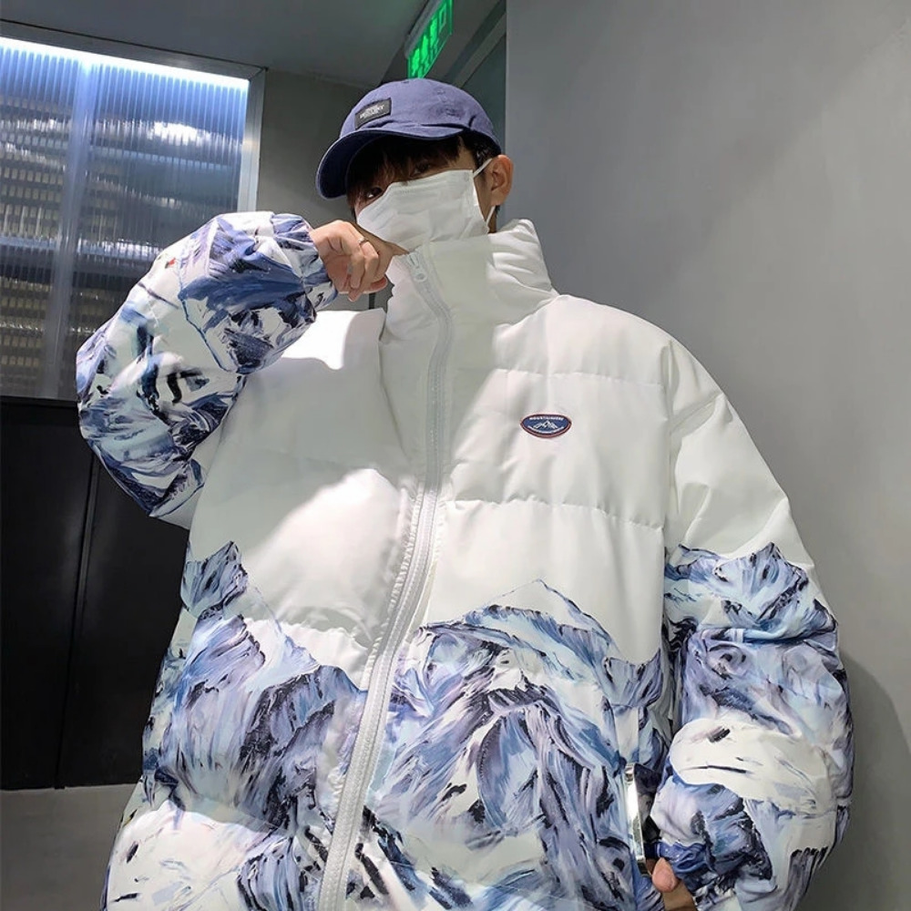 

Men's Down Parkas Mens Parkas Snow Mountain Printed Thicken Jacket Men Winter Coats Stand Collar Zippers Korean Harajuku Loose Male Jackets 221006, Black