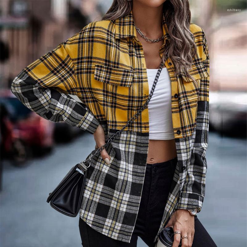 

Women' Blouses Women Single Breasted Button Blouse Cardigan Spring Elegant Turn-down Collar Office Shirt Autumn Plaid Print Patchwork Top, 03 yellow
