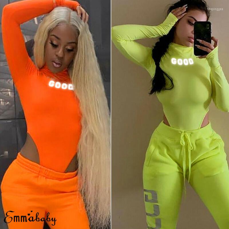 

Women' Two Piece Pants Autumn Sexy Women Bodysuit Neon Green Slim Fit Jumpsuit Long Sleeves Tops