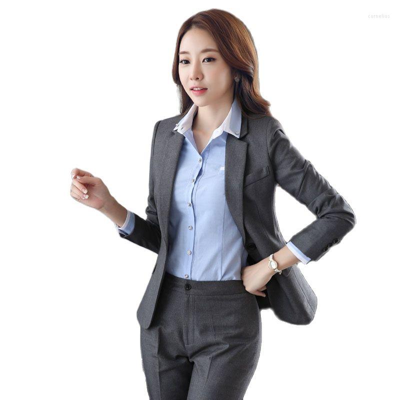 Women&#039;s Two Piece Pants Novelty Grey Formal Uniform Design Career Work Wear Suits With Jackets And Slim Fashion Pantsuits Ladies Trousers-image-808535808