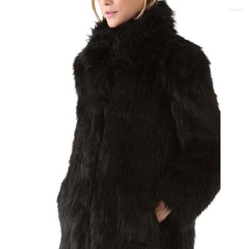

Women' Fur Women Winter Faux Furs Coat Stand Collar Black Fluffy Long Sleeves Warm Female Tops FDC99