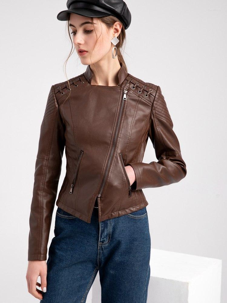 

Women' Leather Women Autumn Winter Turn Down Collar Long Sleeve Slim Thin PU Motorcycle Jacket, Black