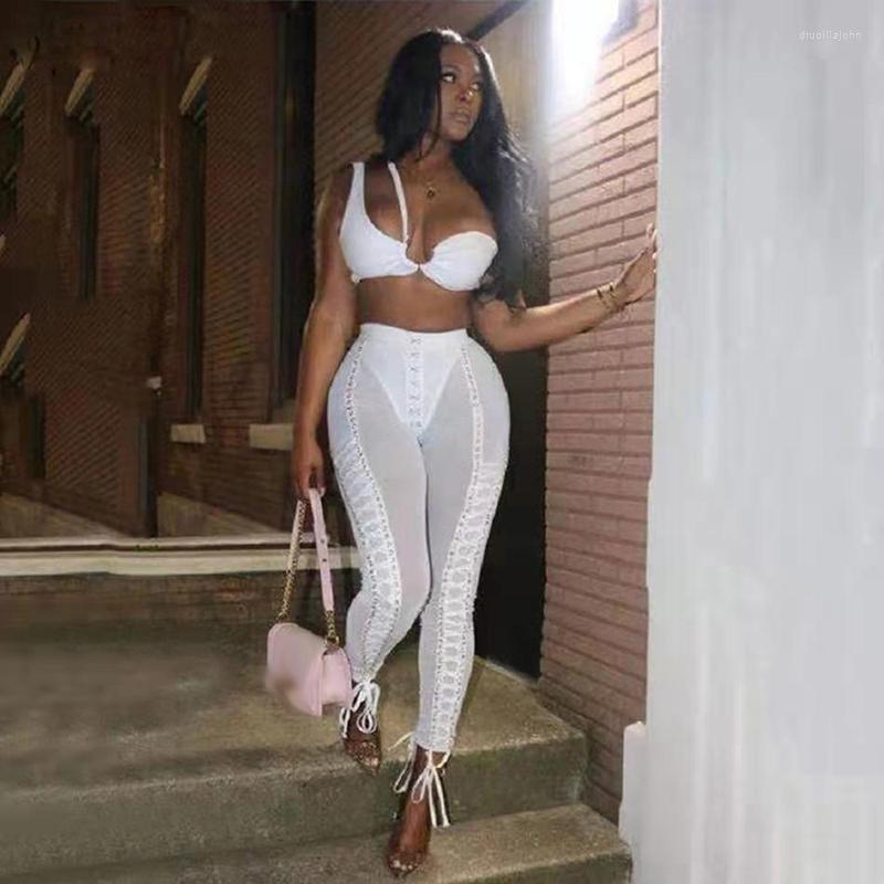 

Women's Two Piece Pants 2022 Summer Black White Clubwear Women Pieces Set Sexy Sleeveless Crop Tops & Mesh Transparent Cross Bandage